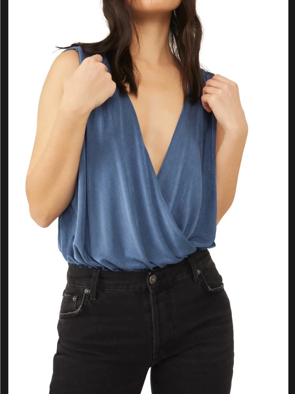 Free People Denim Blue Draped Surplice Tank